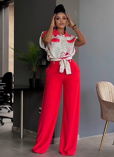 Fashion Lapel Short-sleeved Shirt With Tie-back Wide-leg Pants Casual Suit