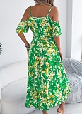 Women's Off Shoulder Crossover V Neck Floral Print Resort Dress