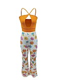 Sexy Suspender Hollow Chest Printed Flared Pants Suit