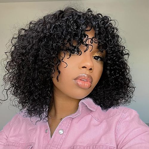 Women'S Black Short Curly Hair With Bangs Small Curly Hair Chemical Fiber Full-Head Wig