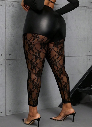 Black Sexy Lace Patchwork Semi-Transparent Trousers