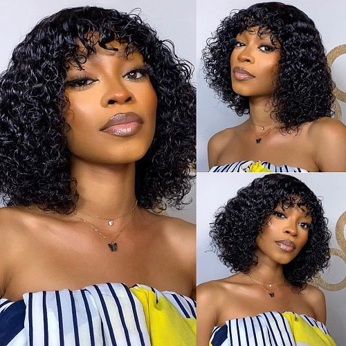 Women'S Black Short Curly Hair With Bangs Small Curly Hair Chemical Fiber Full-Head Wig