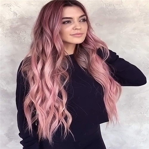 New Wig Female Medium Gradient Pink Long Curly Hair Chemical Fiber Wig