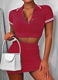 Summer Sexy Knitted Belly-baring Top Short-sleeved Skirt Two-piece Set