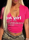 Rose Red Fashion Sexy Letter Print T-Shirt Ladies Trendy Short-Sleeved U-Neck Top Hot Girl YSY-8828
