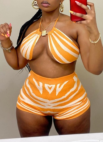 Fashion Digital Printing Halter neck Navel-baring Top and Shorts Set
