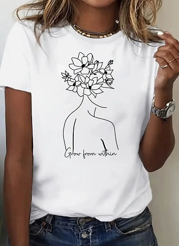 Printed Round Neck Comfortable Casual Short-Sleeved T-Shirt For Women