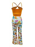 Sexy Suspender Hollow Chest Printed Flared Pants Suit