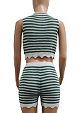 Fashionable Casual Summer Contrast Color Knitted Short-Sleeved Top And Shorts Two-Piece Suit For Women