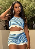 Fashionable Casual Summer Contrast Color Knitted Short-Sleeved Top And Shorts Two-Piece Suit For Women