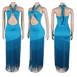 Sexy Hollow Design Sleeveless Halter Neck Tight Tassel Dress