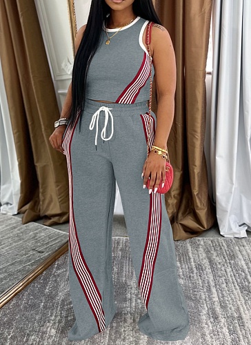 Fashion Striped Patchwork Sleeveless Vest Casual Wide-Leg Pants Two-Piece Suit For Women