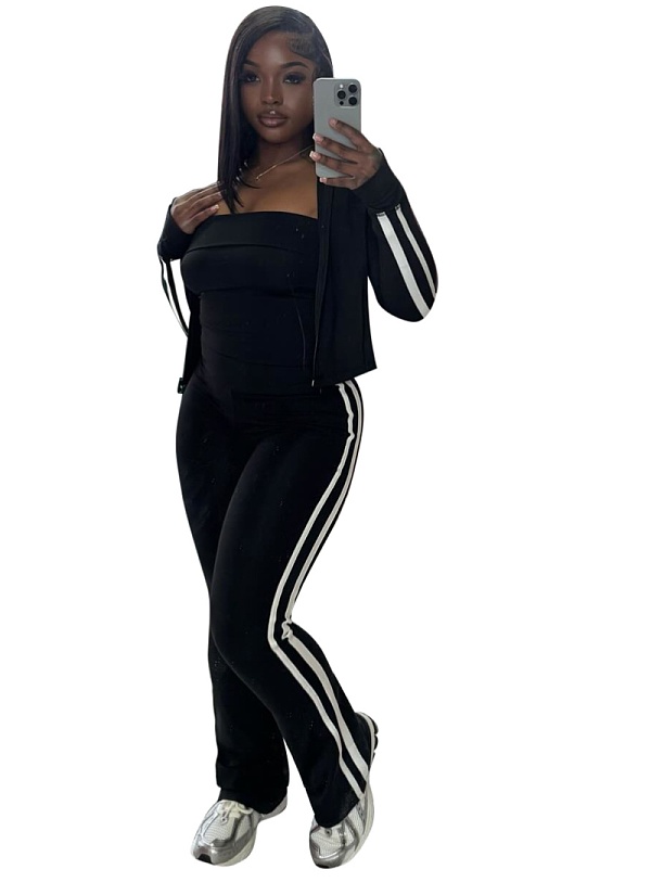 Striped Zipper Long-Sleeved Jacket Tube Top Vest Sports Pants Three-Piece Suit For Women