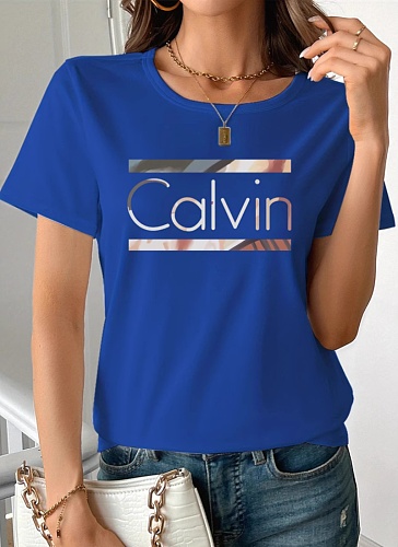 Blue Large Size Letter Print Short Sleeve Round Neck T-Shirt