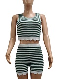 Fashionable Casual Summer Contrast Color Knitted Short-Sleeved Top And Shorts Two-Piece Suit For Women