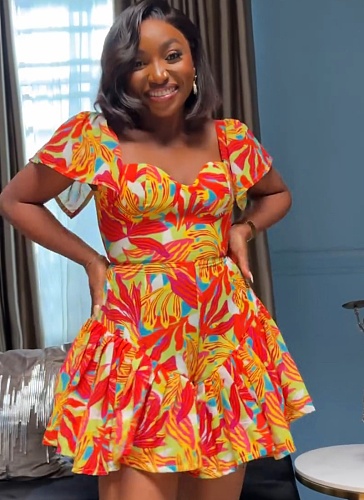 Orange-Red Elegant Printed Waist-Hugging Pleated Flying Sleeve Jumpsuit For Women