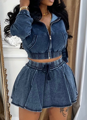 Spring and Autumn Washed Denim Long Sleeve Jacket Sexy Denim Skirt Two-piece Suit for Women