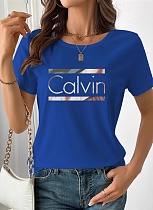 Blue Large Size Letter Print Short Sleeve Round Neck T-Shirt