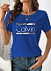 Blue Large Size Letter Print Short Sleeve Round Neck T-Shirt