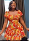 Orange-Red Elegant Printed Waist-Hugging Pleated Flying Sleeve Jumpsuit For Women