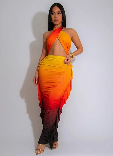 Fashionable Gradient Print Suit Navel-baring Pleated Two-piece Suit
