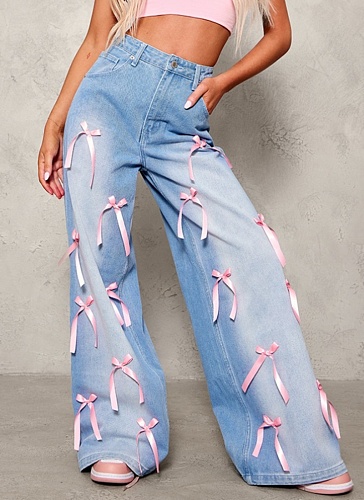 Women'S Blue Bow High Waist Wide Leg Jeans
