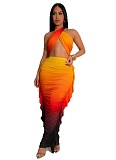 Fashionable Gradient Print Suit Navel-baring Pleated Two-piece Suit