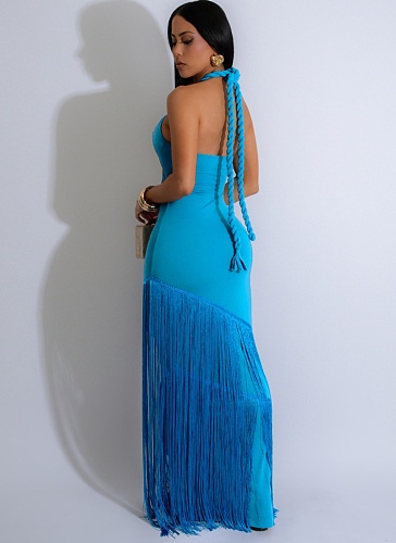Sexy Hollow Design Sleeveless Halter Neck Tight Tassel Dress