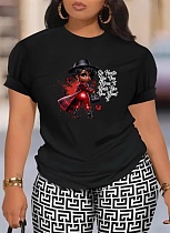 Black Large Size Flower Print Short Sleeve Round Neck T-Shirt Women