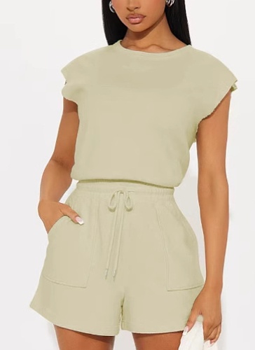 Casual Solid Color Sleeveless Top And Drawstring Pocket Shorts New Two-Piece Suit For Women
