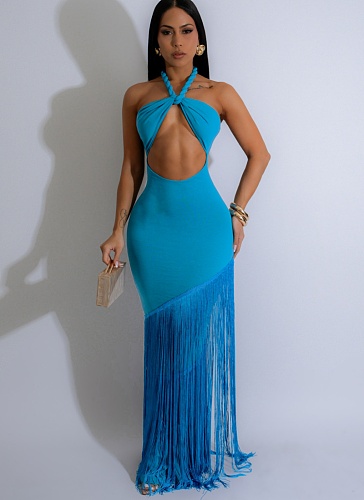 Sexy Hollow Design Sleeveless Halter Neck Tight Tassel Dress