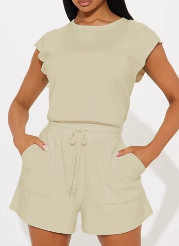 Casual Solid Color Sleeveless Top And Drawstring Pocket Shorts New Two-Piece Suit For Women