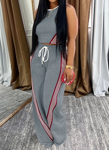 Fashion Striped Patchwork Sleeveless Vest Casual Wide-Leg Pants Two-Piece Suit For Women