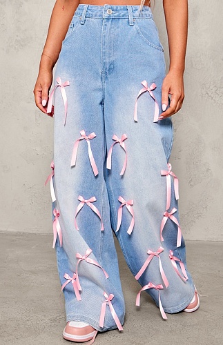 Women'S Blue Bow High Waist Wide Leg Jeans