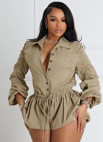 Spring Fashion Long Sleeve High Waist Drawstring Overalls Jumpsuit Women's Clothing