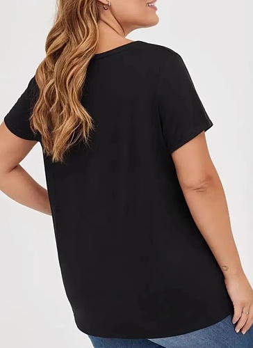 Black Large Size Flower Print Short Sleeve Round Neck T-Shirt Women