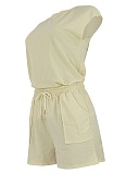 Casual Solid Color Sleeveless Top And Drawstring Pocket Shorts New Two-Piece Suit For Women