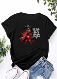 Black Large Size Flower Print Short Sleeve Round Neck T-Shirt Women