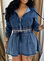 Spring and Autumn Washed Denim Long Sleeve Jacket Sexy Denim Skirt Two-piece Suit for Women