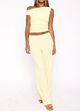 Elastic Bubble One-Shoulder Oblique Collar Pleated Top Wide-Leg Pants Two-Piece Set