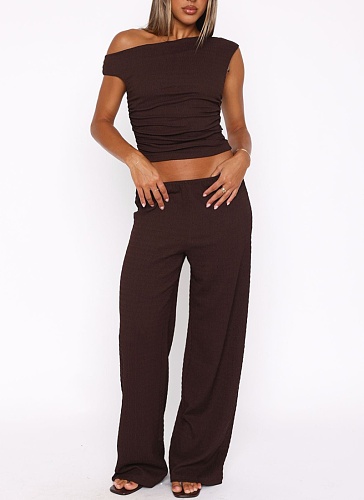 Elastic Bubble One-Shoulder Oblique Collar Pleated Top Wide-Leg Pants Two-Piece Set