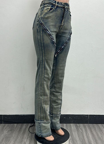 Sky Blue Fashionable Sexy High Elastic Washed Zipper Jeans