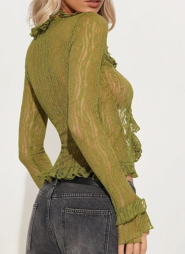 Women'S Hollow Lace V-Neck Cardigan Long-Sleeved Lace-Up Top