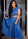 Blue Fashion Casual Sexy Elastic Waist Denim Two-Piece Suit