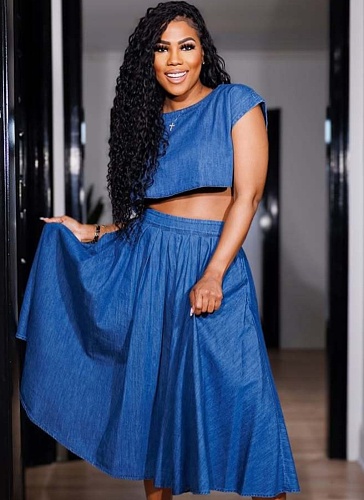Blue Fashion Casual Sexy Elastic Waist Denim Two-Piece Suit