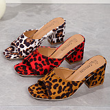 Leopard High Heel Slippers Female Square Toe Slide Flip Flop Sandle Women