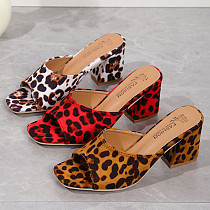 Leopard High Heel Slippers Female Square Toe Slide Flip Flop Sandle Women