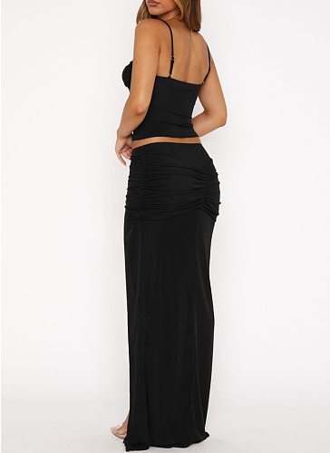 Fashionable Suspender V-Neck Vest Pleated Slit Skirt Two-Piece Suit For Women