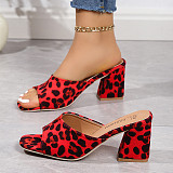Leopard High Heel Slippers Female Square Toe Slide Flip Flop Sandle Women