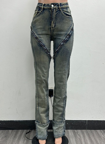 Sky Blue Fashionable Sexy High Elastic Washed Zipper Jeans
